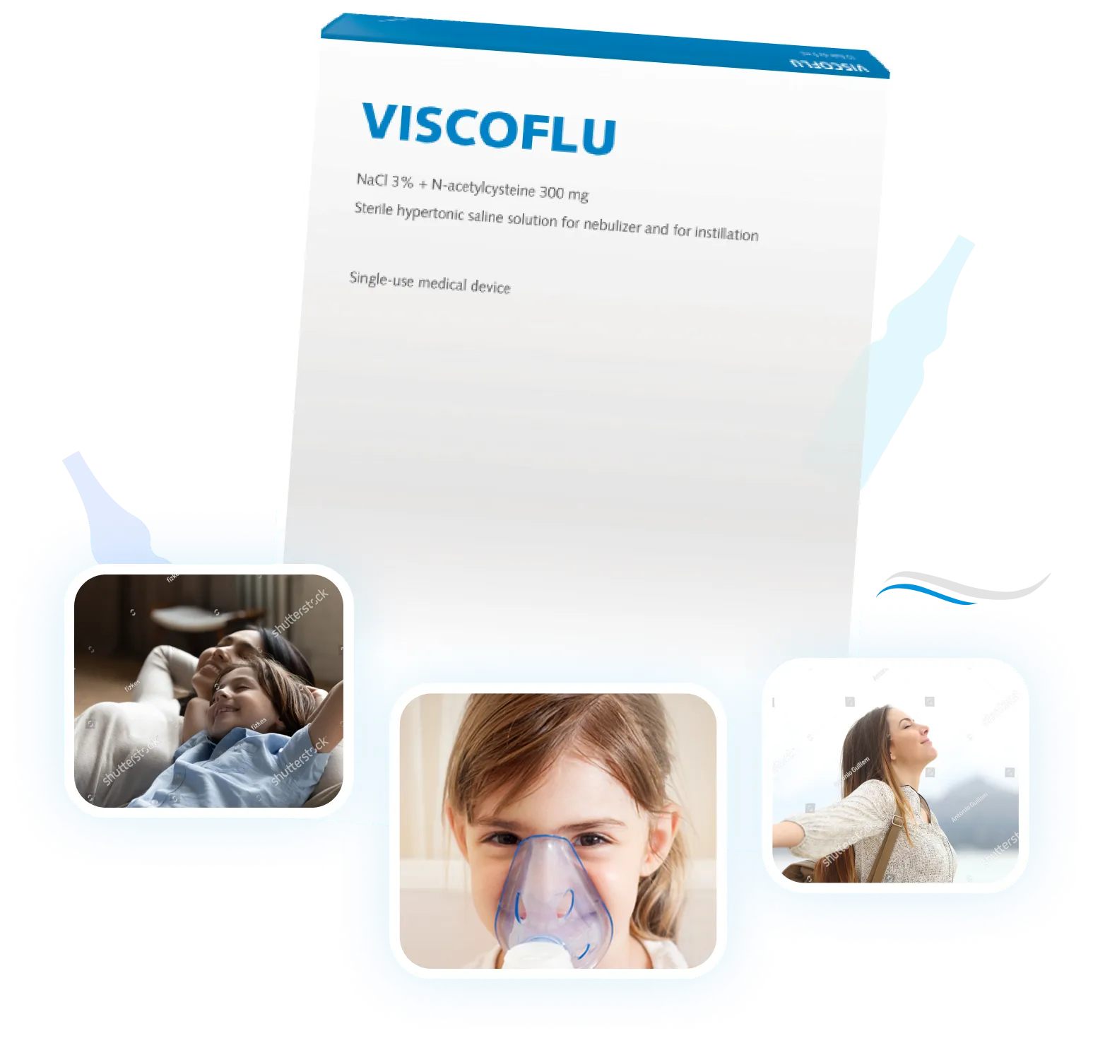 Termékkép 'Viscoflu' felirattal, 3db képpel alatta, boldog család, inhalátort használó kislány, távólba tekinktő fiatal lány